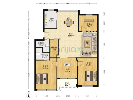 拱瑞山路 4室1厅2卫 131平方