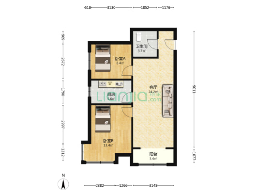 鹏渤印象城牛津花园 2室2厅 南-户型图