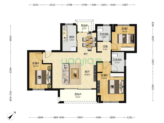 爱情东麓九里 3室1厅2卫 114平方