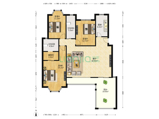居住主题公园-桂芳景绣花园洋房 3室1厅2卫 121平方