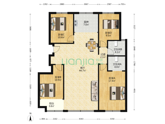 恒信新天国际 4室1厅2卫 139平方