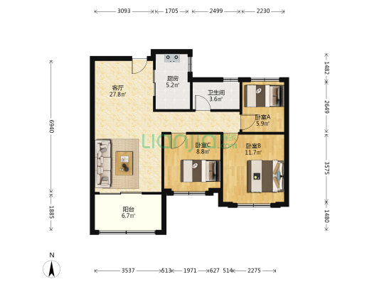 海门上悦城 3室1厅1卫 96平方