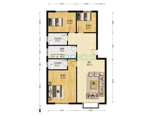 聚金园广场 3室1厅2卫 119平方