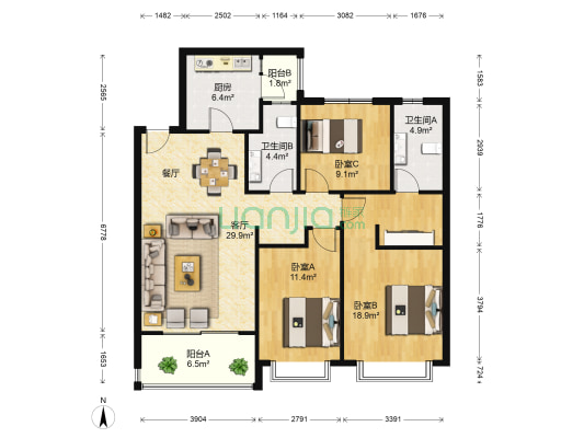 恒大御峰 3室1厅2卫 132平方