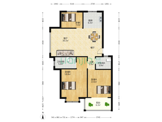阳光绿洲景苑 3室1厅2卫 111平方
