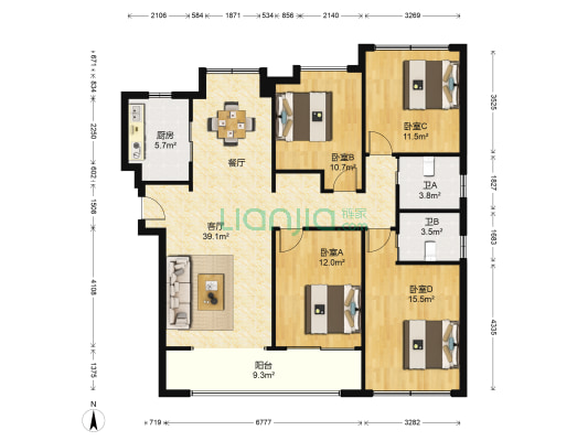 绿地海外滩花苑 4室1厅2卫 137平方