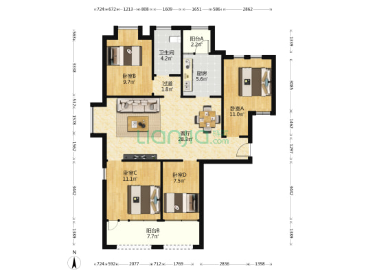 厦门院子泰禾首玺C区 4室1厅1卫 104平方