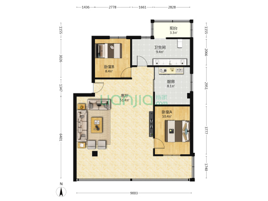 置业楼 2室1厅1卫 83平方