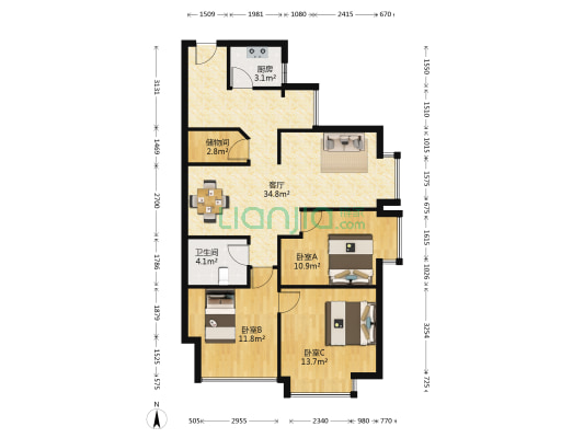 书香门邸小区 3室1厅1卫 108平方