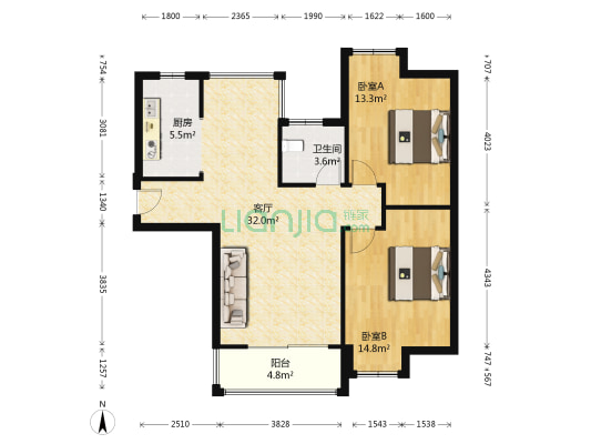 富丽雅花园B区 2室1厅1卫 92平方