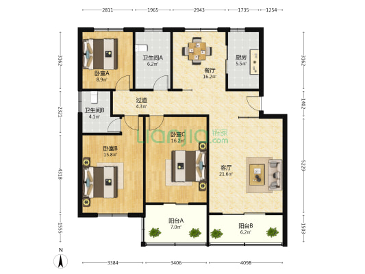 银杏公寓西区 3室2厅2卫 133平方