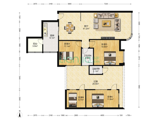 诚卓园中苑B区 4室1厅2卫 97平方