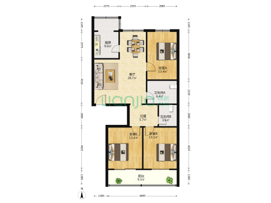 德海苑 3室1厅2卫 129平方