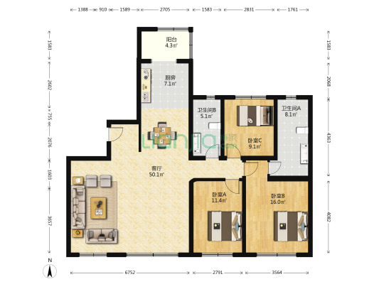 中海甲叁號院 3室1厅2卫 149平方