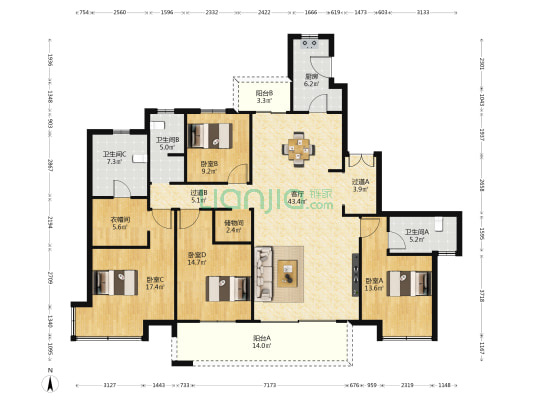 世茂璀璨天城 4室1厅3卫 197平方