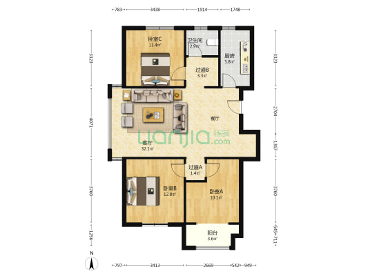 金色年华 3室1厅1卫 107平方