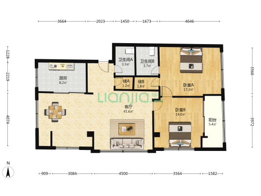 长乐路98号 2室1厅2卫 118平方