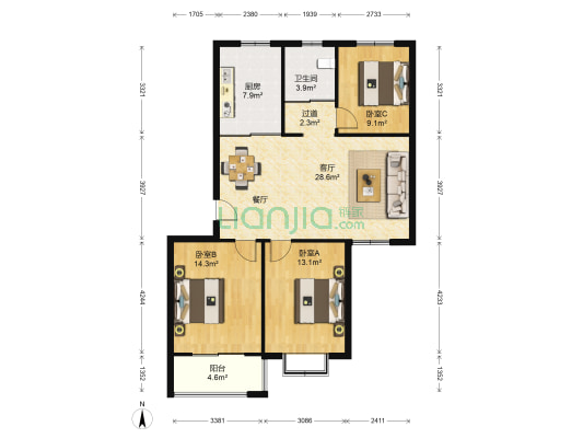 河畔家园C区 3室1厅1卫 103平方