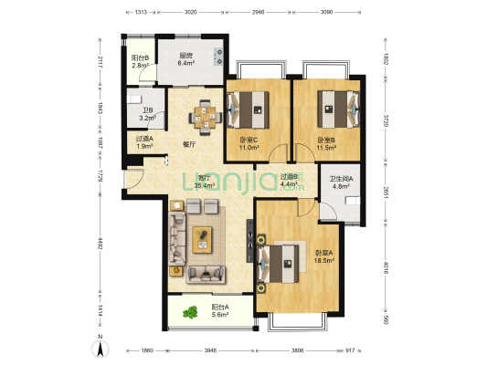 颐园世家 3室1厅2卫 136平方