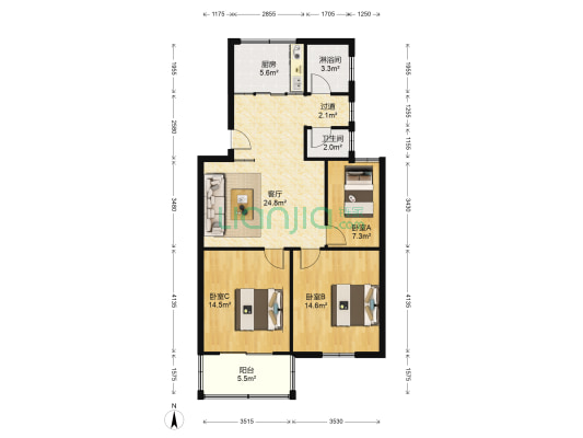 东村 3室1厅2卫 90平方