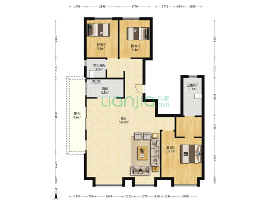 绿洲西苑 3室1厅2卫 150平方
