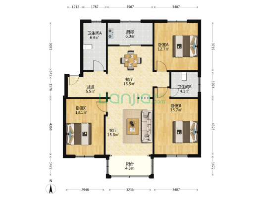 西山公寓 3室2厅2卫 121平方