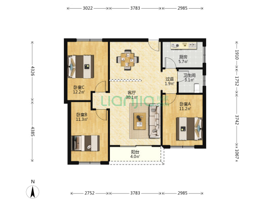 东方家园 3室1厅1卫 105平方