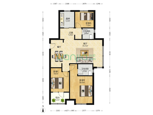 金地锦宸东区 3室1厅2卫 119平方