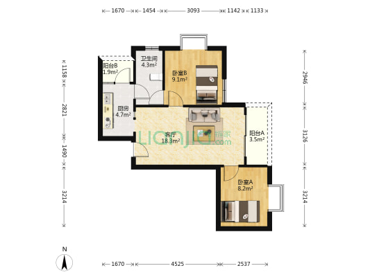富力广场A区 2室1厅1卫 60平方