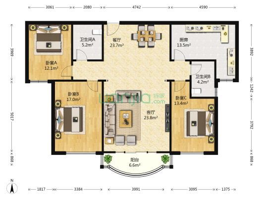 香港花园大公馆 3室2厅2卫 150平方