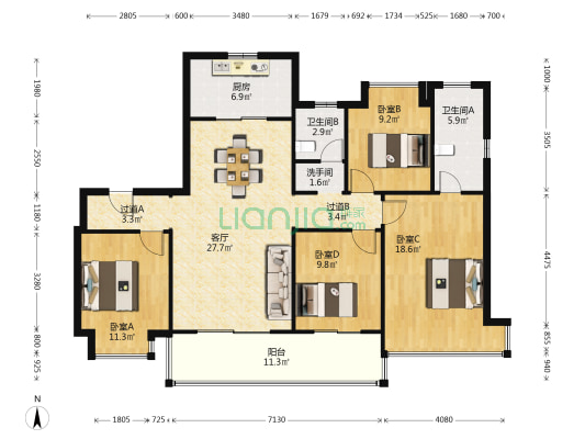 万科翡翠东方 4室1厅3卫 147平方