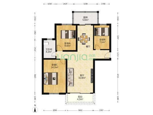 翠华新村北区 3室1厅1卫 87平方