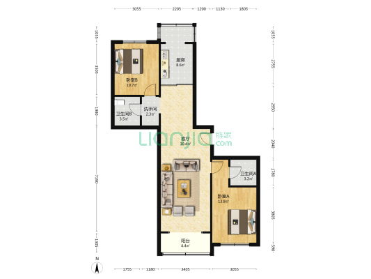 福康馨苑 2室1厅3卫 110平方