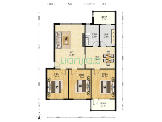 安泰小区 3室2厅1卫 128平方