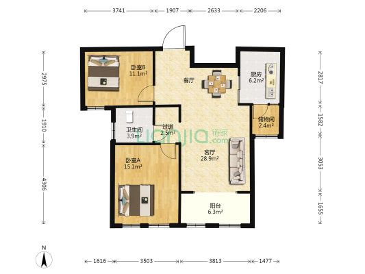 北海公馆 2室1厅1卫 109平方