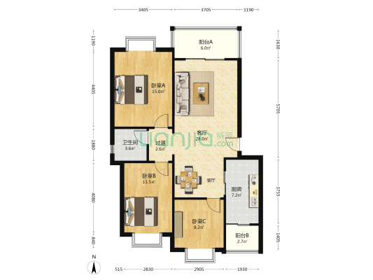 岚颐公馆 3室1厅1卫 98平方