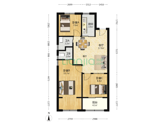 新璟阁 3室1厅2卫 90平方
