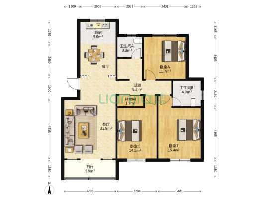 茶庵小区 3室1厅2卫 125平方