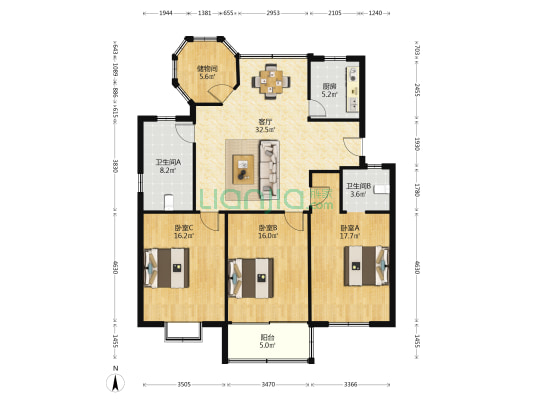 红峰二村一区 3室1厅2卫 131平方