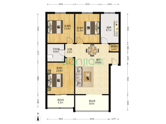 金衡花园 3室1厅1卫 118平方