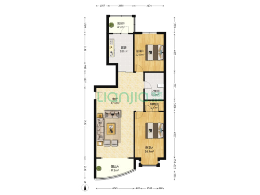 华轩美景 2室1厅1卫 128平方