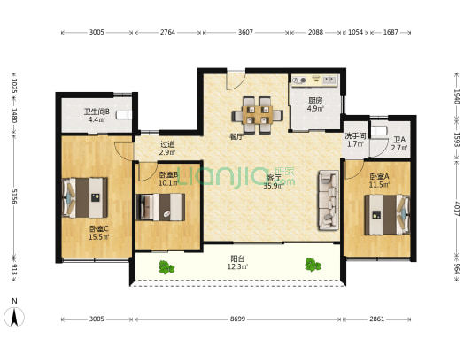 开元万科滨河道 3室1厅3卫 130平方