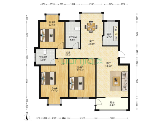 湖景名苑 3室2厅2卫 129平方
