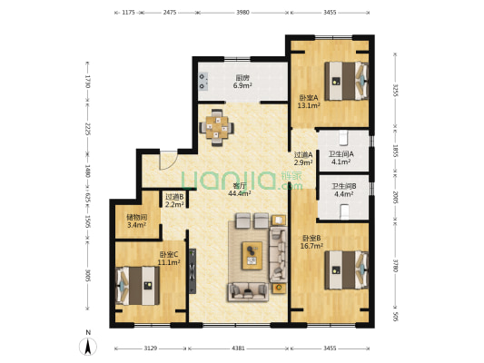 和泓长白府 3室1厅2卫 141平方