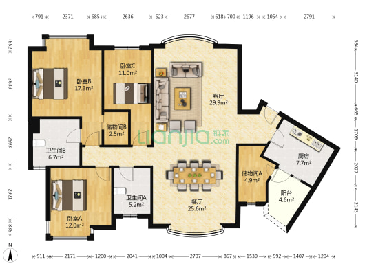 汇贤居 3室2厅2卫 162平方