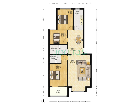 裕隆公寓 3室2厅2卫 121平方