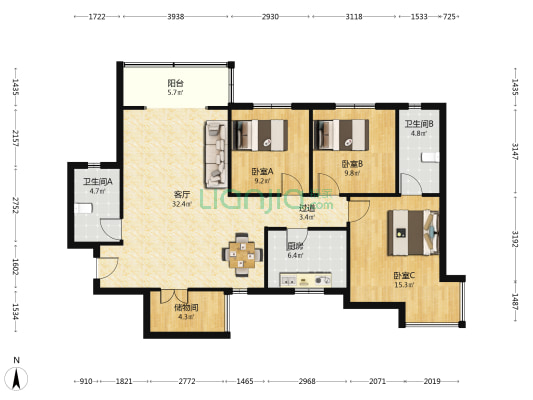 日化南苑 3室1厅2卫 122平方