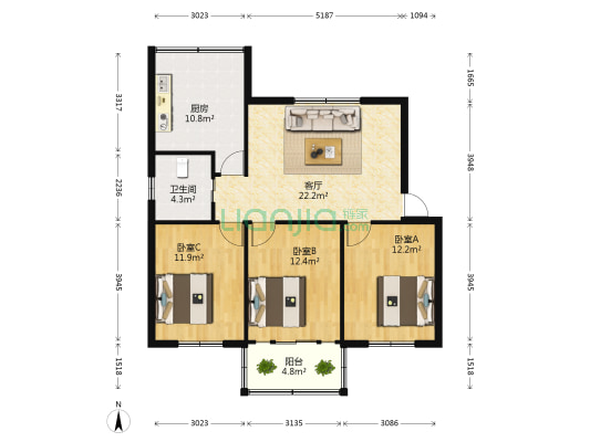三元公寓 3室1厅1卫 92平方