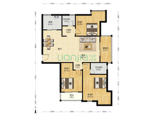 山水华美 3室1厅2卫 136平方