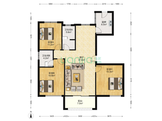 恒生阳光城小区 3室1厅2卫 137平方